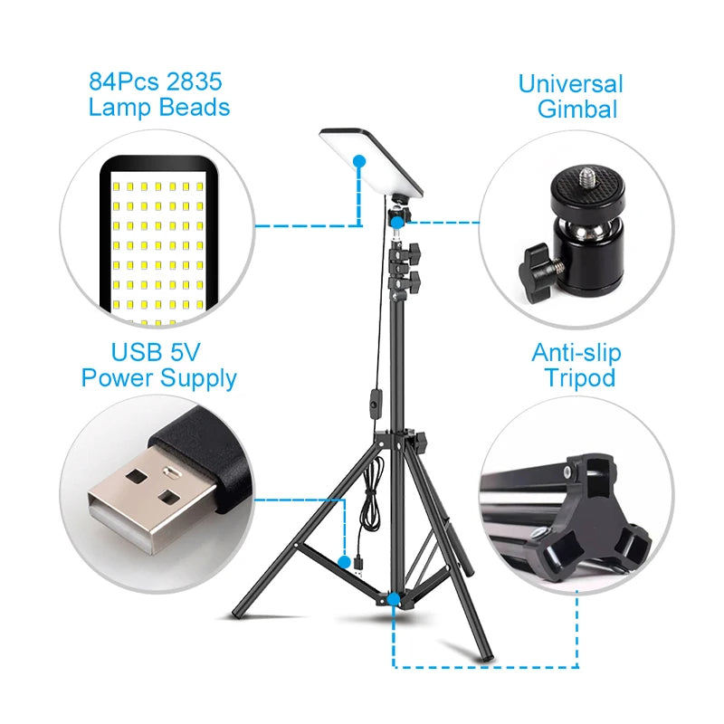 Camping Light LED Selfie Light Lamp Portable Photography Light with Tripod Stand for Outdoor Picnic Barbecue Adjustable Telescop