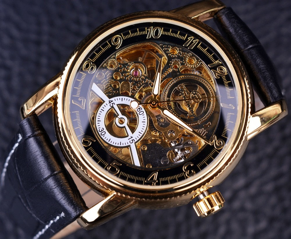 Forsining Hollow Engraving Skeleton Casual Designer Black Golden Case Gear Bezel Watches Men Luxury Brand Automatic Watches