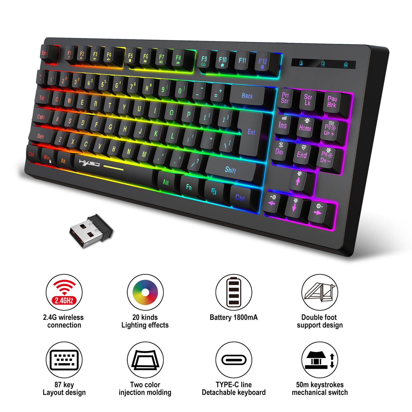 87 key wireless 2.4G film keyboard RGB backlit wireless keyboard