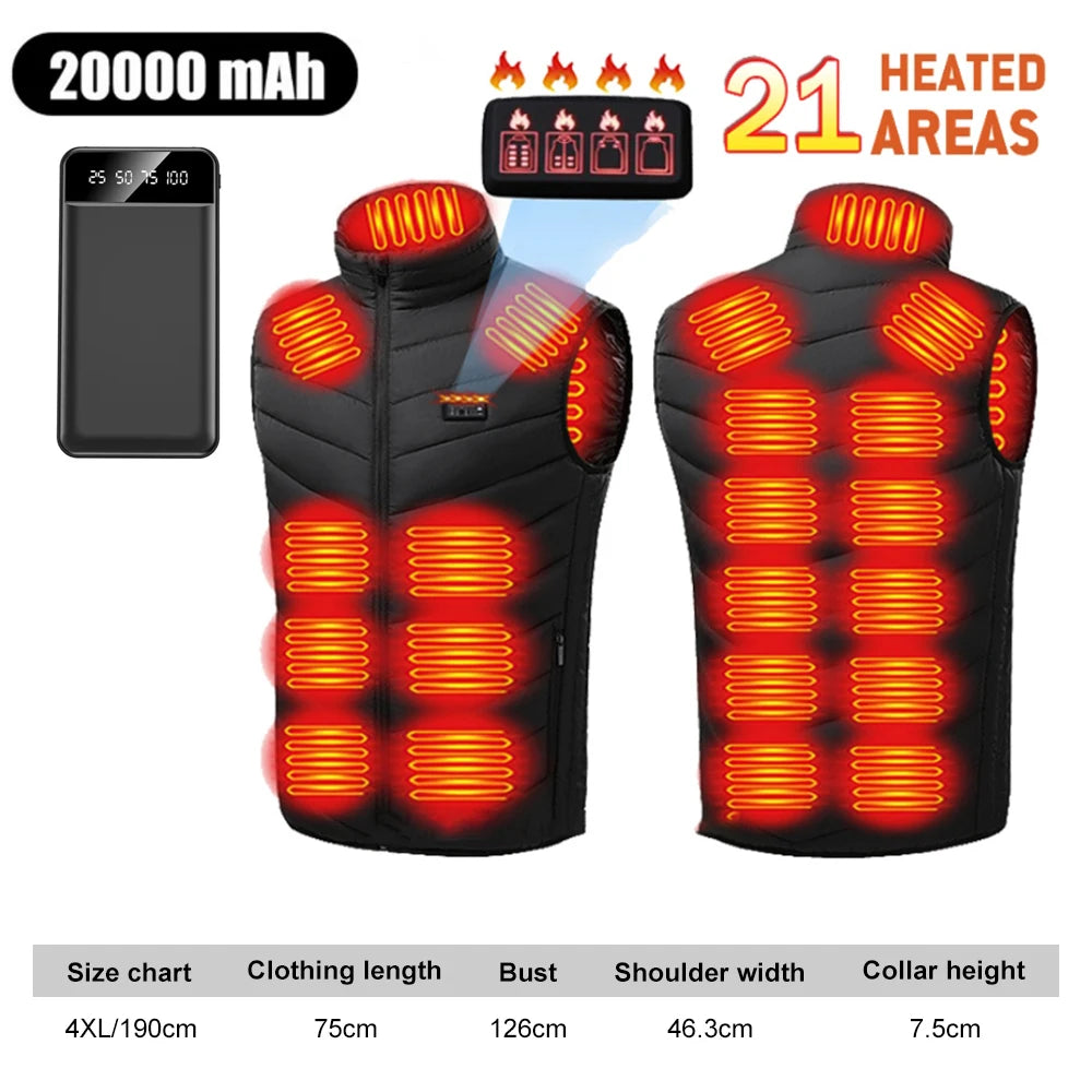 21 Zone Heated Jacket USB Electric Heated Cotton Clothes Warm Snow Heated Vest Jacket Hunting Ski Camping Winter M-4XL