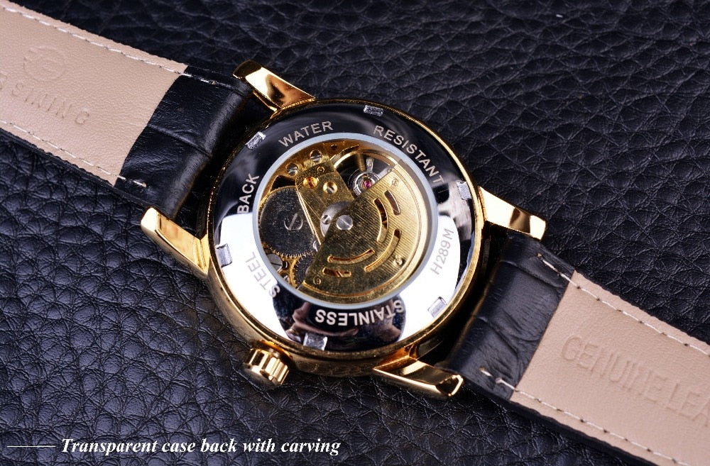 Forsining Hollow Engraving Skeleton Casual Designer Black Golden Case Gear Bezel Watches Men Luxury Brand Automatic Watches