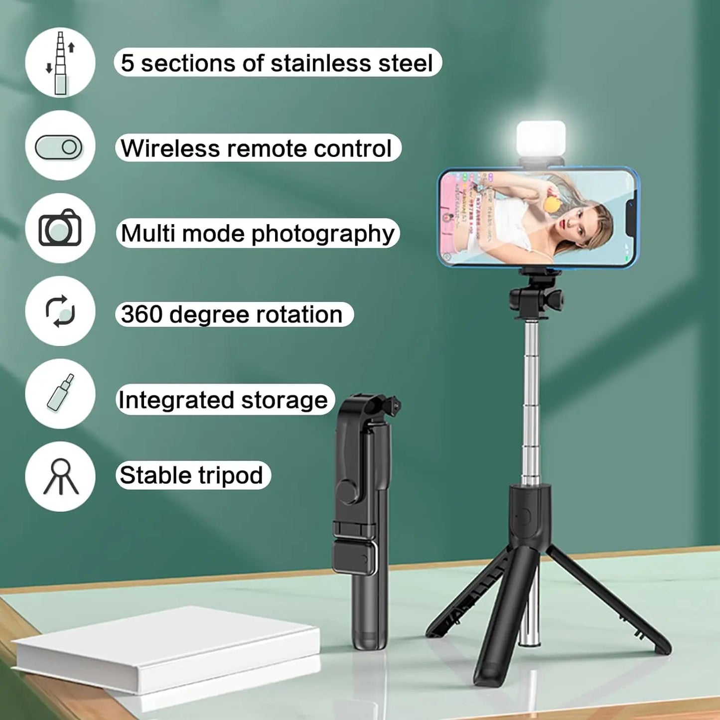 Selfie Stick with Fill Light Extendable Selfie Stick Tripod with Wireless Remote and Phone Holder Group Selfies For All  phones