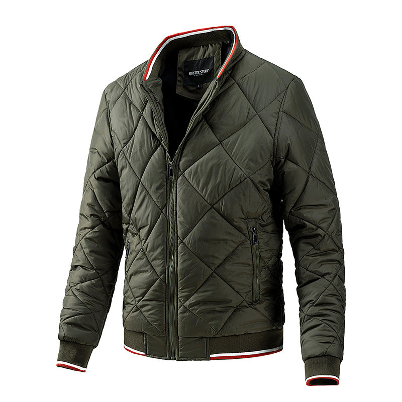 Men's baseball collar jacket, urban men's diamond grid jacket with cotton jacket, plus size men's jacket