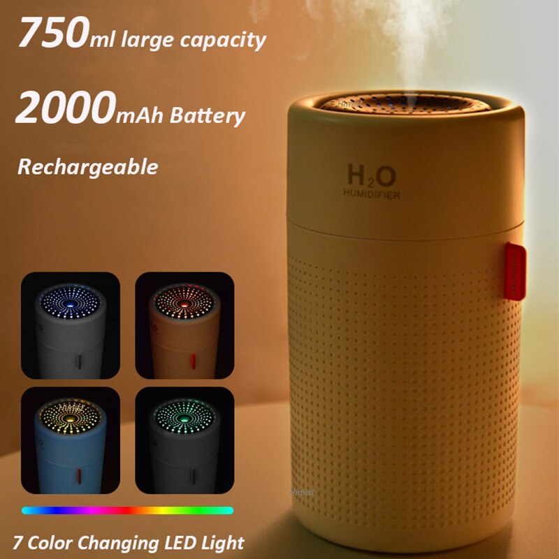 750ml Large Capacity Air Humidifier 2000mAh USB Rechargeable Wireless Ultrasonic Aroma Water Mist Diffuser Light Umidificador