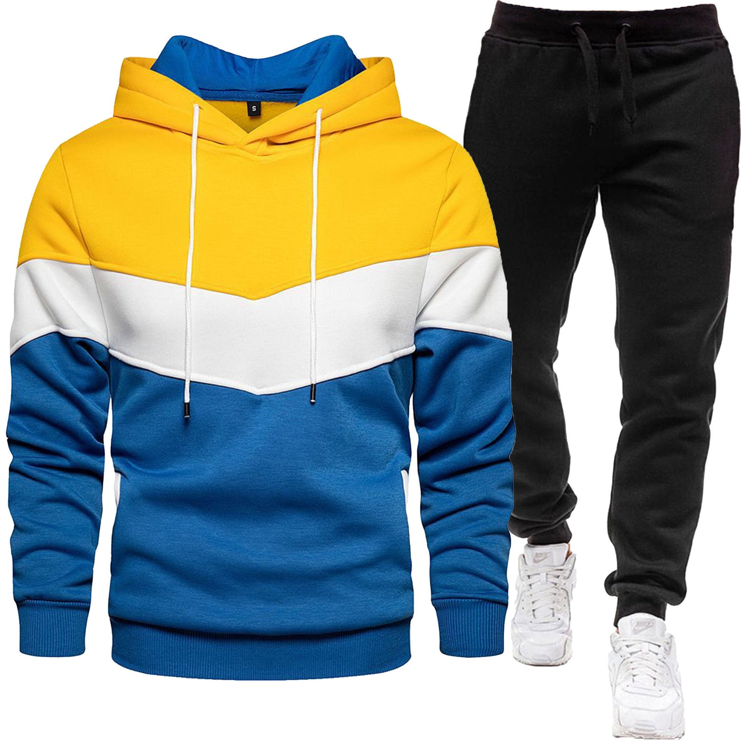 Men's three color hoodie sports suit, fashionable and casual, spring and autumn splicing hooded top, long pants two-piece set