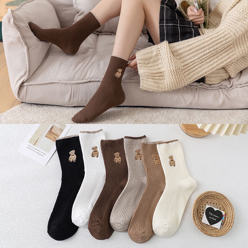 Women's Cute Bear Cotton Socks Comfortable Soft Crew Breathable Sports Sock Cartoon Short Sock Middle Tube Socks  6 pairs