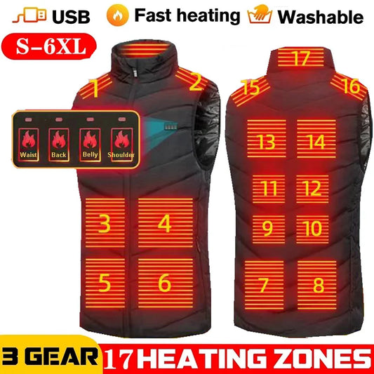 17/13 Zones Heated Vest Men Women Usb Heated Jacket Thermal Hunting Vest Winter Heating Jacket Chauffante Heating Veste S-6XL
