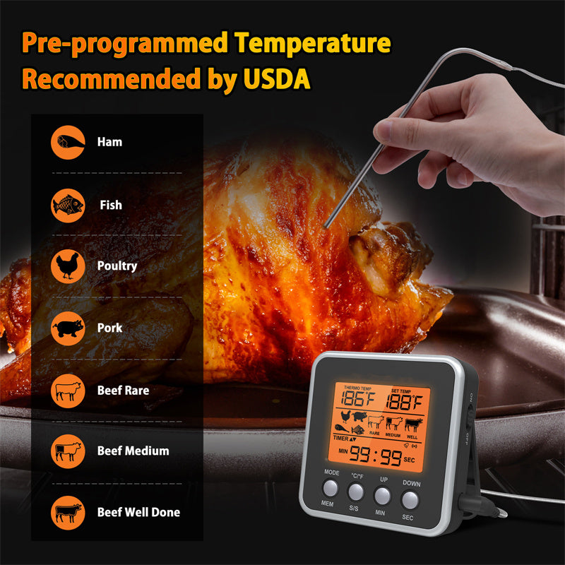 BBQ Thermometer Timer Grilled Meat Kitchen Probe