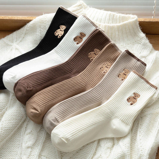 Women's Cute Bear Cotton Socks Comfortable Soft Crew Breathable Sports Sock Cartoon Short Sock Middle Tube Socks  6 pairs