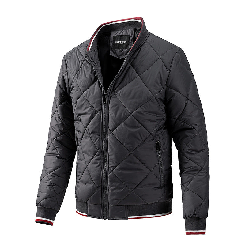 Men's baseball collar jacket, urban men's diamond grid jacket with cotton jacket, plus size men's jacket