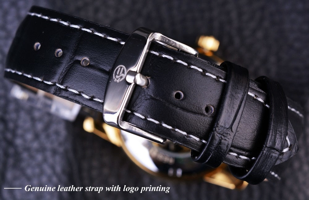 Forsining Hollow Engraving Skeleton Casual Designer Black Golden Case Gear Bezel Watches Men Luxury Brand Automatic Watches