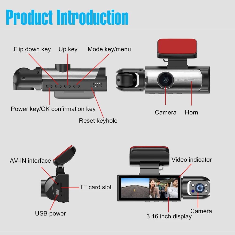 Dash Cam for cars 1080P 3-Lens car camera Night Vision Loop Recording wide angle Car DVR Came Front And Inside Car Dash Recorder