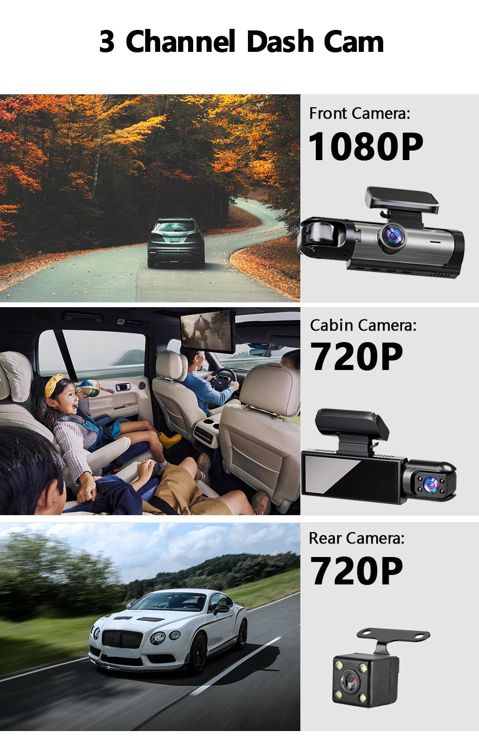Dash Cam for cars 1080P 3-Lens car camera Night Vision Loop Recording wide angle Car DVR Came Front And Inside Car Dash Recorder