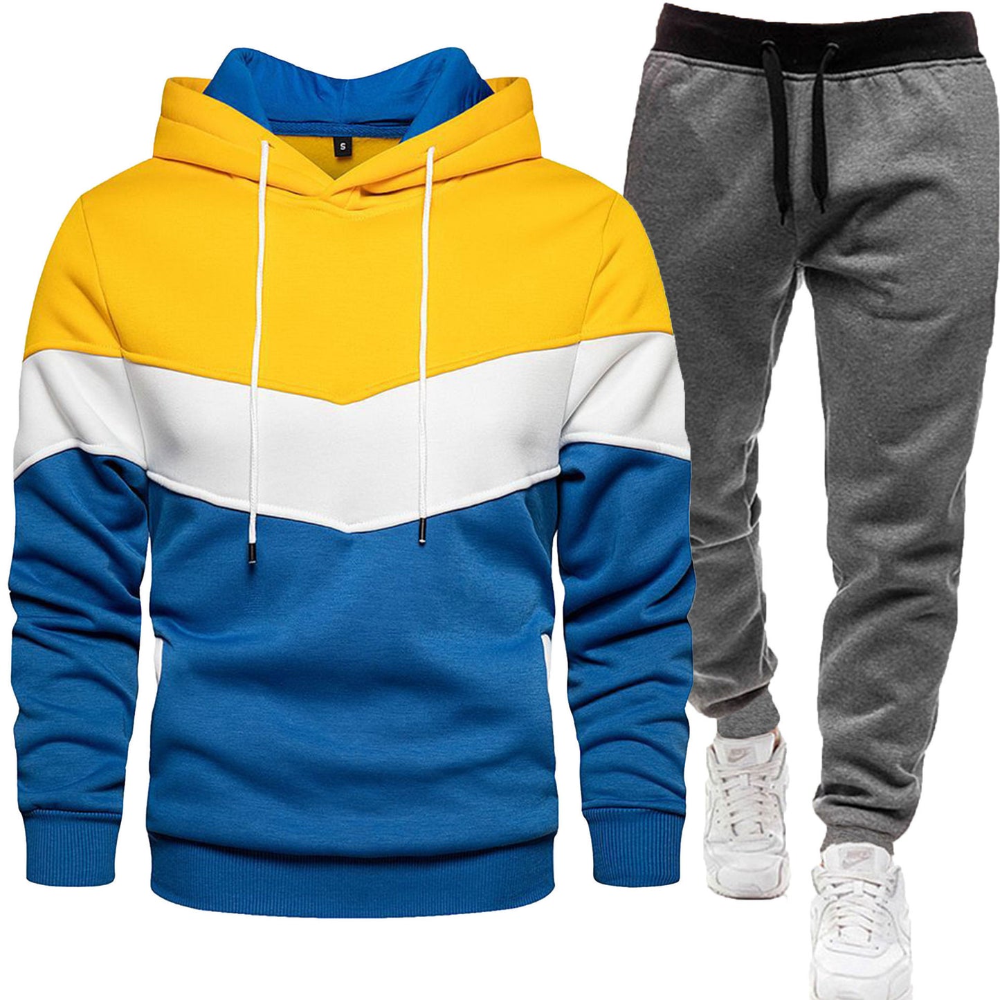 Men's three color hoodie sports suit, fashionable and casual, spring and autumn splicing hooded top, long pants two-piece set