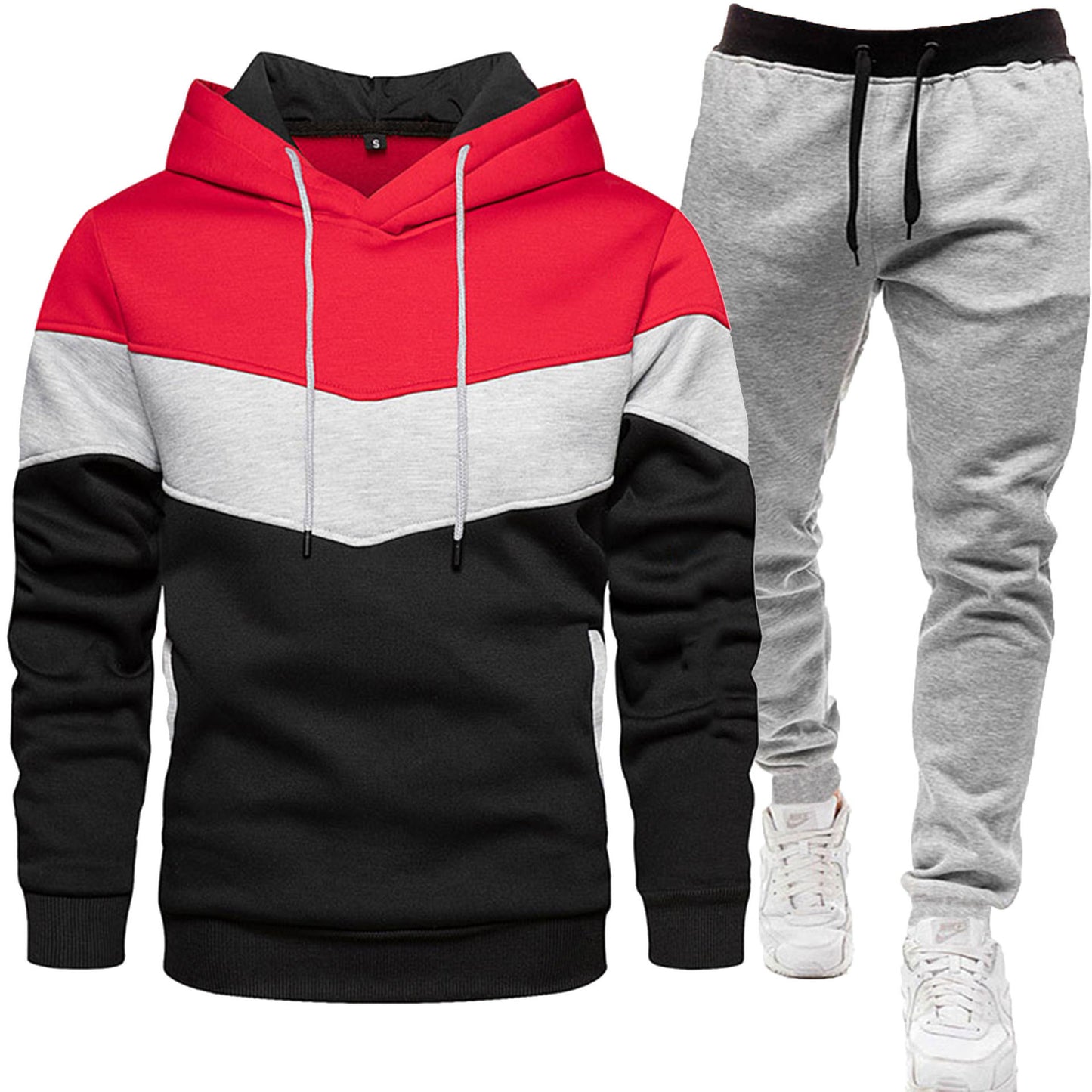 Men's three color hoodie sports suit, fashionable and casual, spring and autumn splicing hooded top, long pants two-piece set