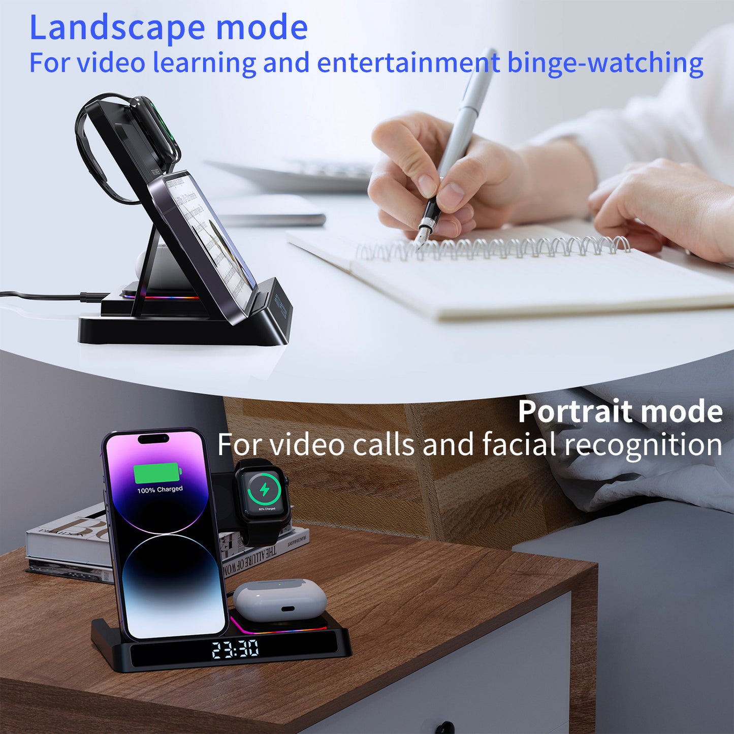 Wireless charging four in one folding clock charging dock suitable for wireless charging of Apple 14 mobile phones and watches