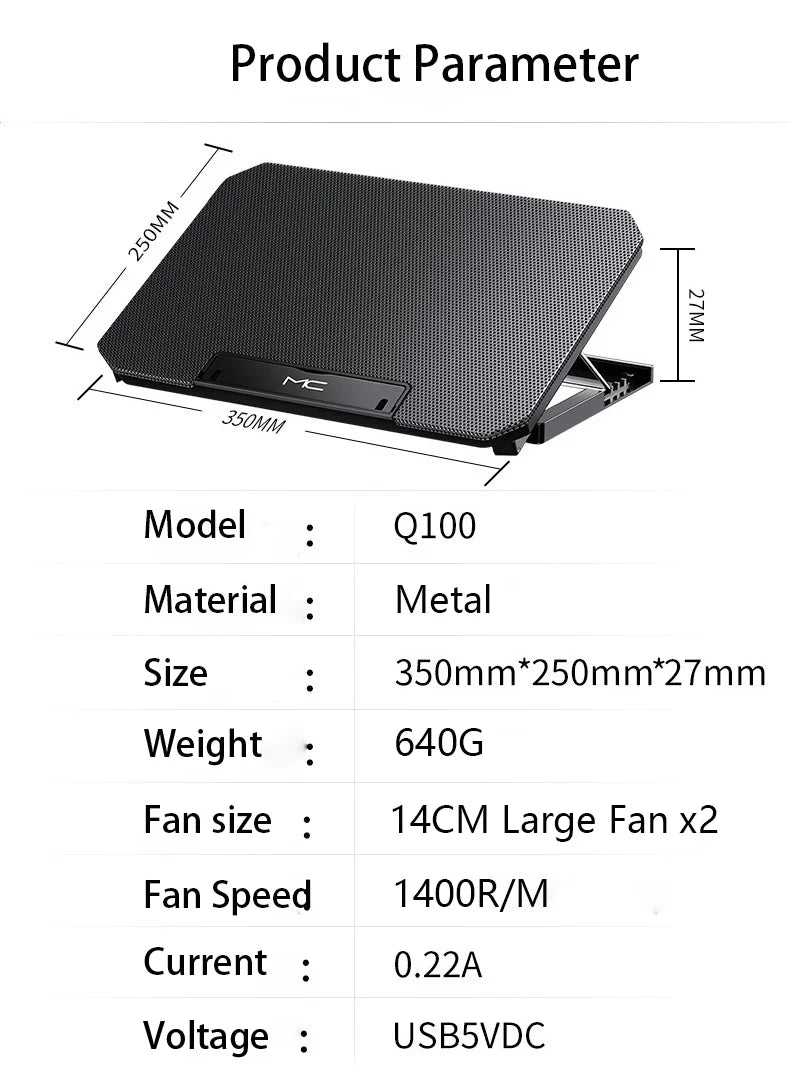 Gaming Laptop Cooler Large Size For 12-16 Inch Notebook Two USB Laptop Cooling Pads Wind Speed Adjustable Silent Laptop Stand