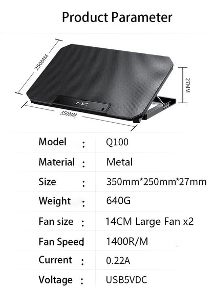 Gaming Laptop Cooler Large Size For 12-16 Inch Notebook Two USB Laptop Cooling Pads Wind Speed Adjustable Silent Laptop Stand