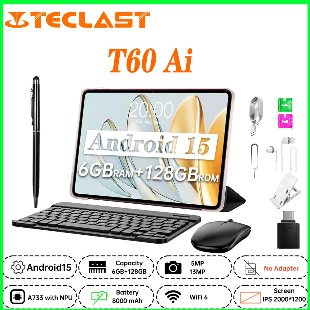 NEW Tablet Teclast T60 AI Allwinner A733 Octa-Core 12inch 2K HD TDDI Screen 6GB RAM 128GB ROM Android 15 WiFi6 8000mAh 13MP+5MP