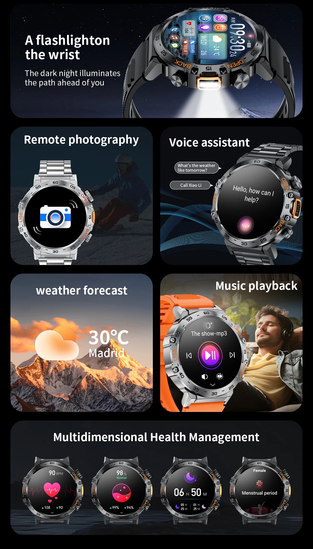 LIGE 2024 Smart Watch Men 360*360 AMOLED HD Screen Waterproof Sport Fitness Watches Flashlight New Men Smartwatch For Andrio IOS