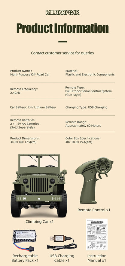 JJRC C8815 RC Car 1/10 WILLYS 1941 4WD RTR RC Crawler 2.4G Remote Control Car Off-road Climbing Military RC Truck Toys Gift