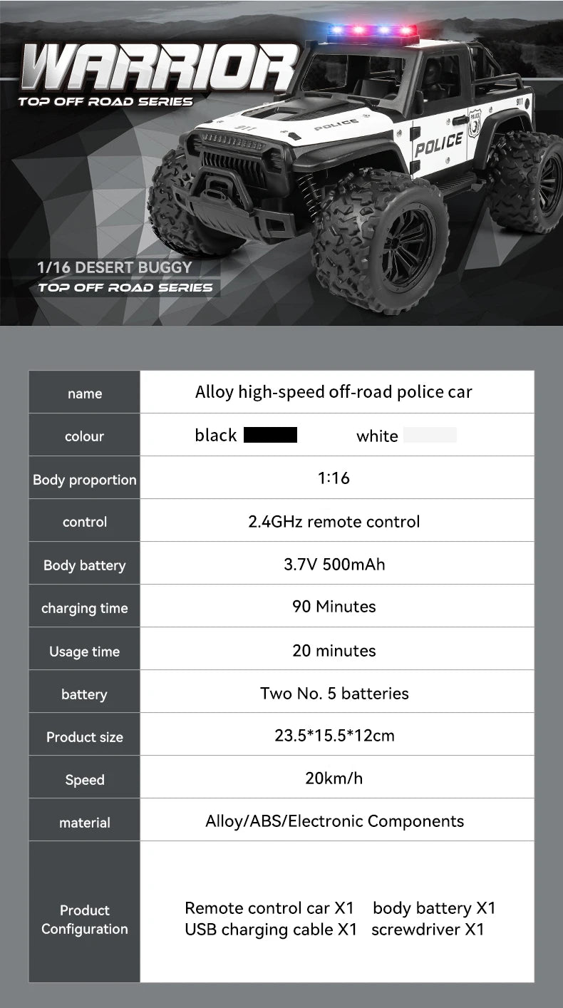 Remote-controlled off-road police car, cool police lights, simulated siren sounds, 1:16 scale alloy body,Spring shock absorption