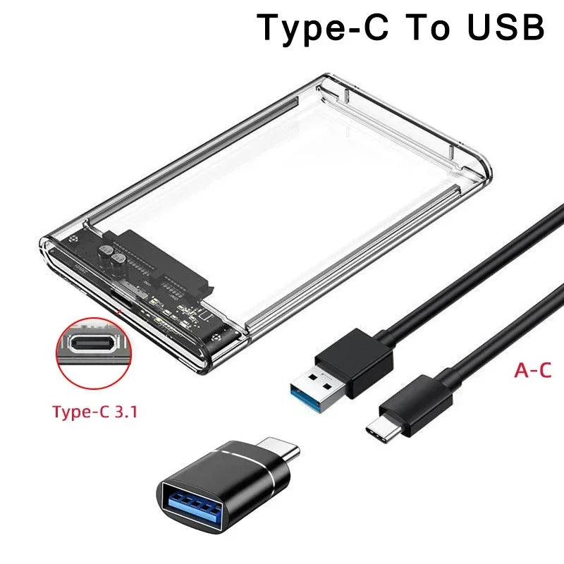 USB 3.0/Type C External Hard Drive Enclosure 2.5 Inch SATA to USB3.0 UASP Clear Portable Hard Drive Case HDD Tool-Free