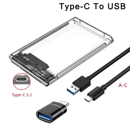USB 3.0/Type C External Hard Drive Enclosure 2.5 Inch SATA to USB3.0 UASP Clear Portable Hard Drive Case HDD Tool-Free