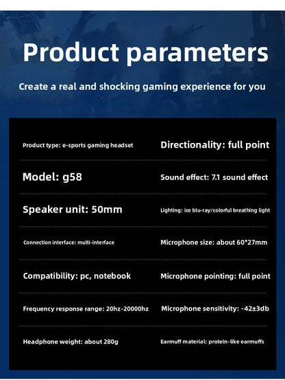 Hot Selling G58 Gaming Headphones Stereo Surround 7.1 Wired Headphones Microphones Esports Gaming Gear Over-ear headphones