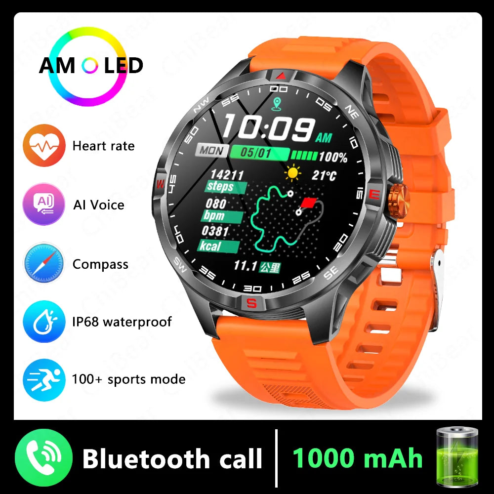 GPS Outdoor 1000mAh Battery Smartwatches Men 100+ Sports Mode Compass Heart Rate 3ATM Waterproof Bluetooth Call Smart Watch