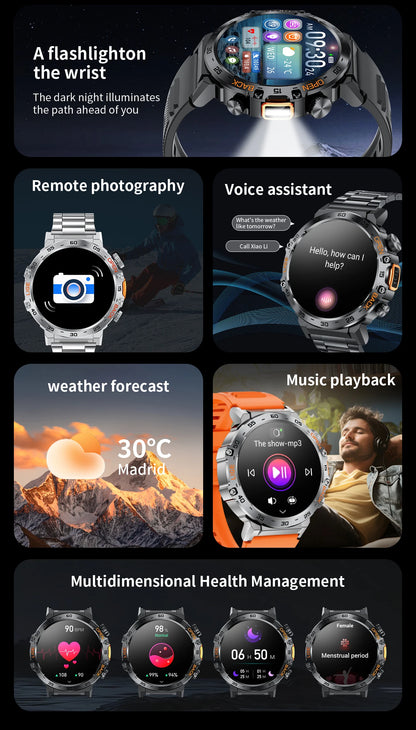 2025 Smart Watch Men 360*360 AMOLED HD Screen Waterproof Sports Fitness Watches Flashlight New Men Smartwatch For Andrio IOS