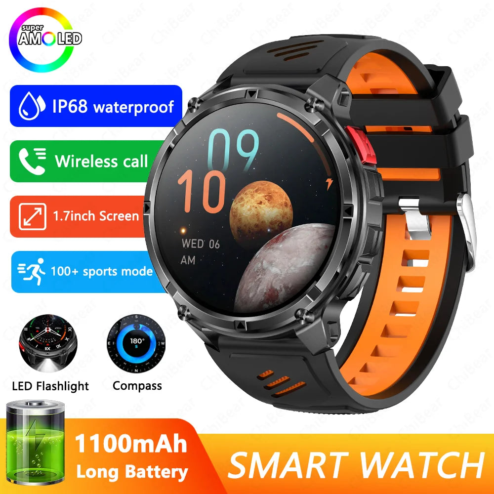 1100mAh Battery Outdoor Sport Smartwatches Men LED Flashlight Message Push Heart Rate 3ATM Waterproof Bluetooth Call Smart Watch