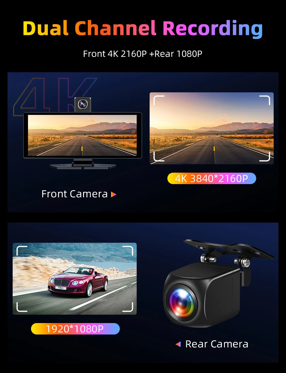4K Dash Cam 10.26 inch Carplay & Android Auto Car DVR Video Recorder Dahscam Camera 5G Wifi GPS Navigation FM AUX 360 ° Rotation