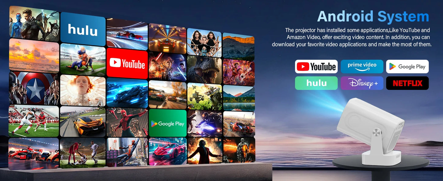 Mini Projector 4K Native HD 1080P Wifi6 Cinema Portable Projetor Built-in APP & Android System suitable for Home/Outdoor/Office