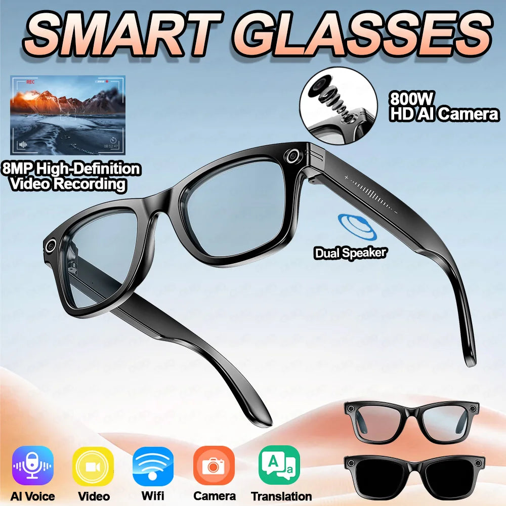 Smart Glasses HD Camera Recording Videos AI Photo Recognition Answer Translation 270mAh Large Battery Waterproof BT Call Glasses