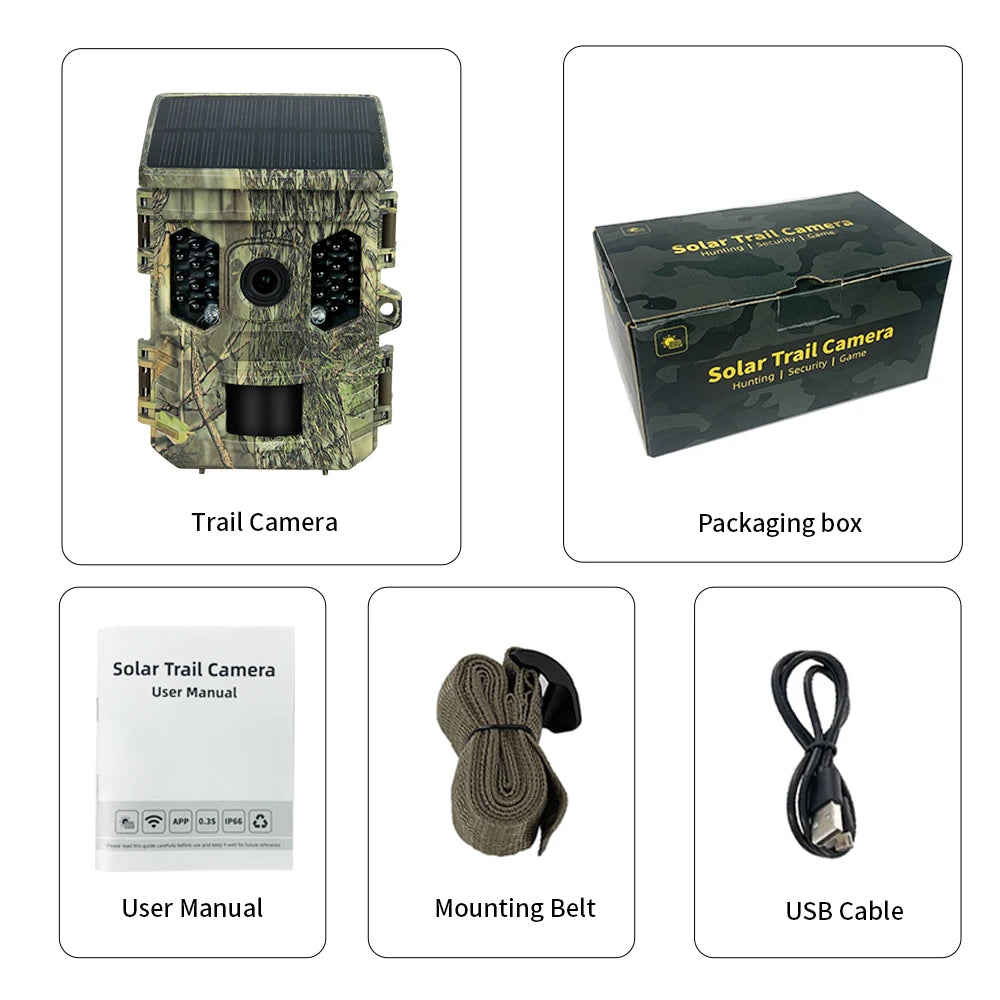 Wildlife Camera Solar Energy Trail Cam 4K with 1080P Night Vision Waterproof BT WiFi APP 16MP Game Camera with Motion Activation