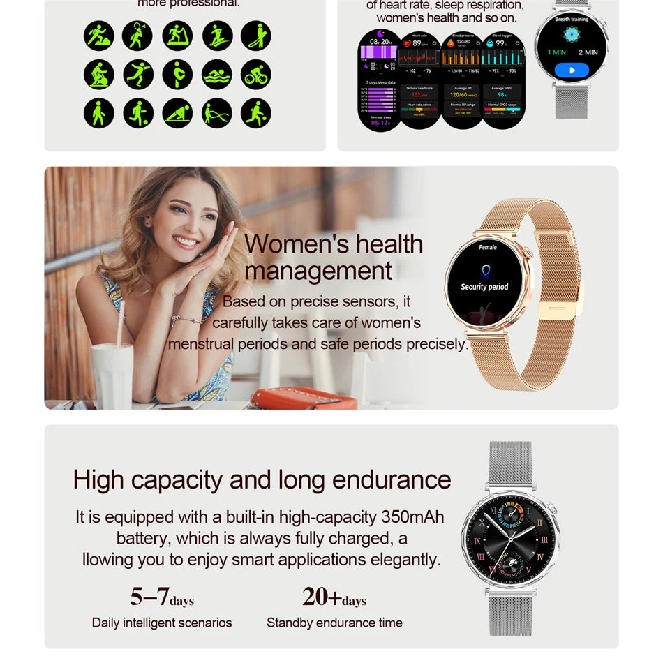 2025 New Fashion Bluetooth Call Smart Watch Women AMOLED HD Screen Health Monitoring 100+ Sports Mode Smartwatches IOS