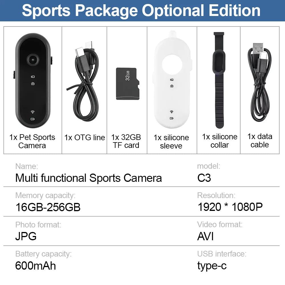 32GB 1080P Sport Action Camera WiFi Wireless Digital Video Recorder Mini Body Camera Wide Angle Camcorder Pet Collar Monitor Cam