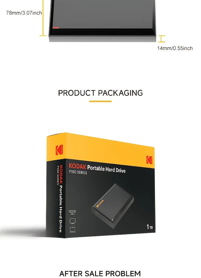 KODAK, P190, Portable HDD mechanical mobile disk, 500GB/1Tb/2Tb, portable gaming hard drive storage, suitable for PC, electronic