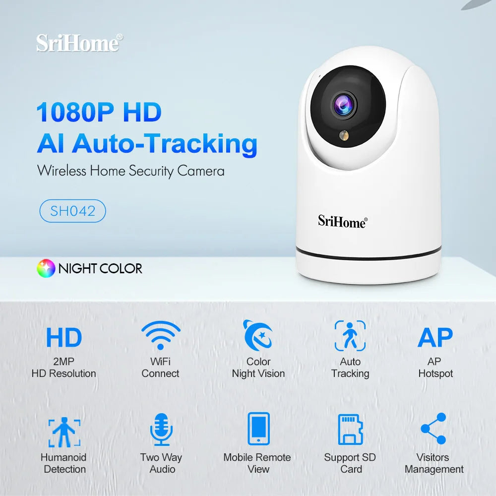 Srihome SH042 2MP 1080P 3x Zoom  Wireless PTZ IP Dome Camera  AI Humanoid Auto Tracking Home Security CCTV Baby  Monitor