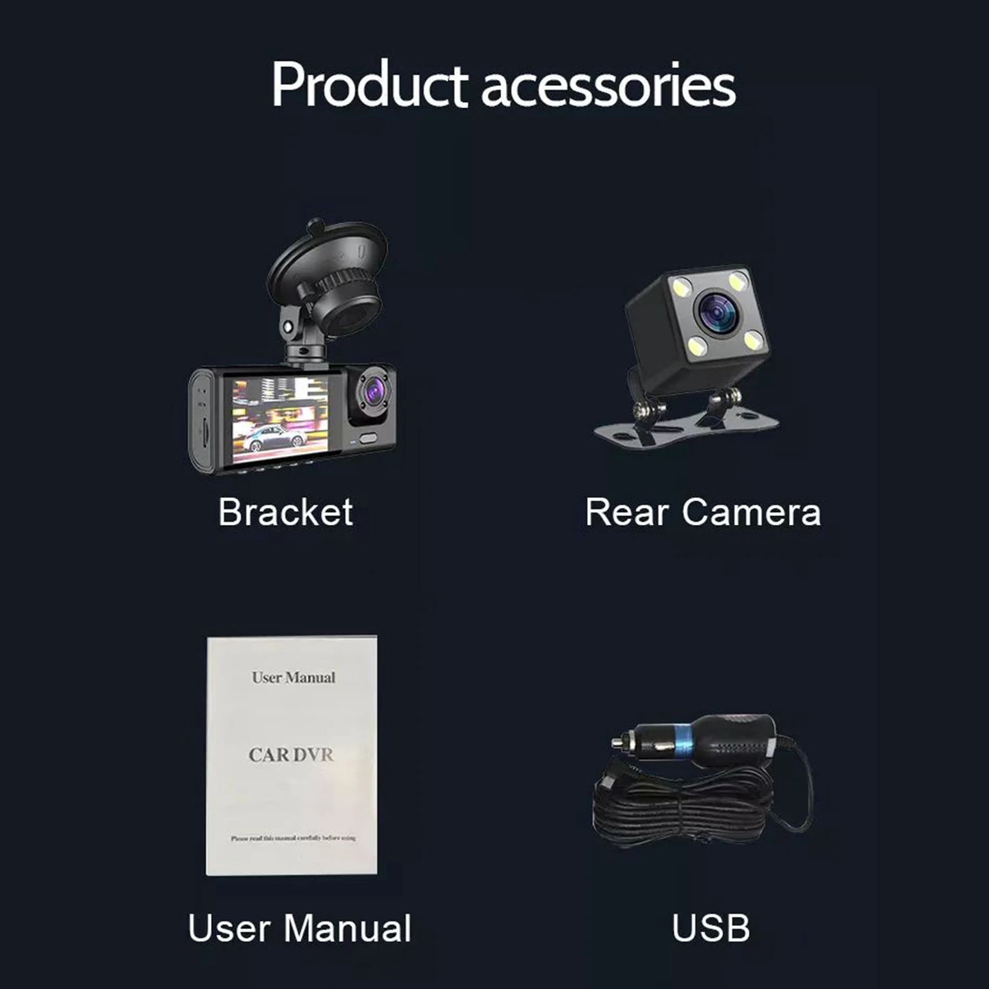 Dash Cam Recording Car Camera DVR S1 2"Screen HD 1080P 3 Cameras+WiFi (Front/Rear/In car) Night Vision Video Recorder