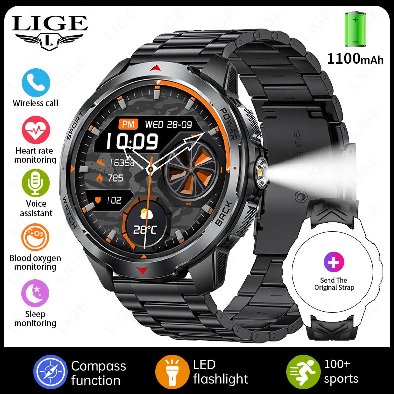 LIGE New 1100mAh Large Battery Sports Smart Watch Men Waterproof BT Call Smartwatch Men Sleep Heart Rate Monitor Compass Watches