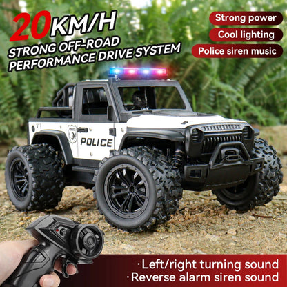 Remote-controlled off-road police car, cool police lights, simulated siren sounds, 1:16 scale alloy body,Spring shock absorption