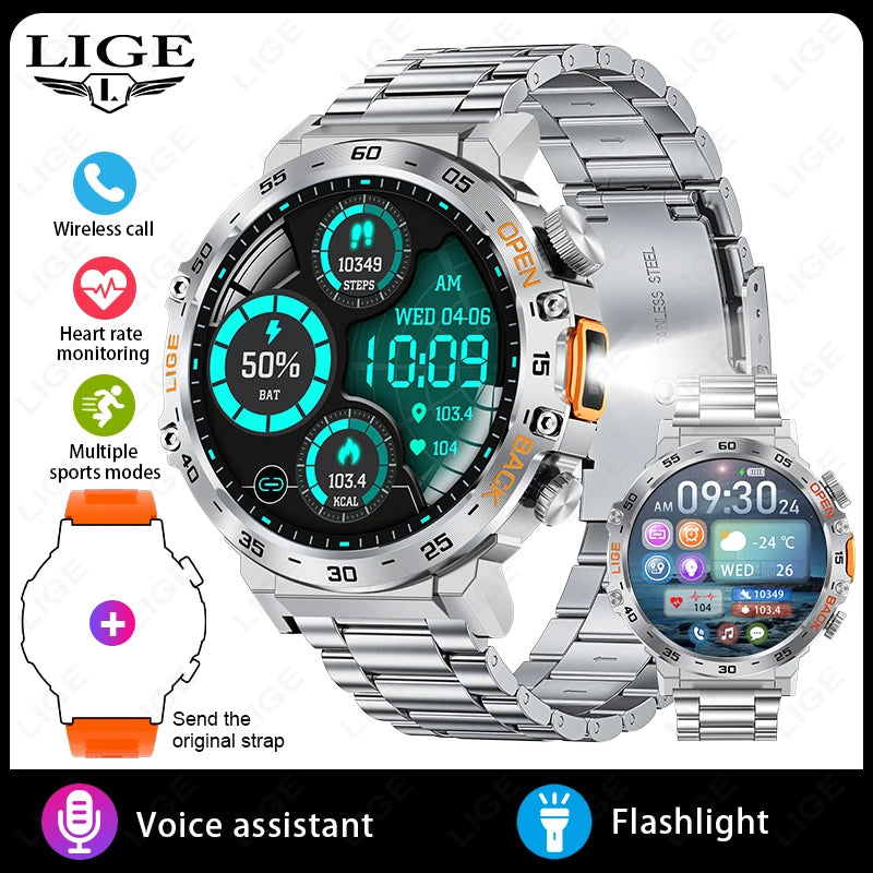 LIGE 2025New Smart Watch Men 360*360 AMOLED HD Screen Waterproof Sport Fitness Watches Flashlight New Smartwatch For Android ios