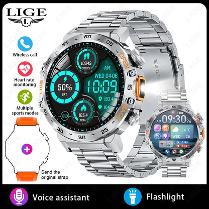 LIGE 2025New Smart Watch Men 360*360 AMOLED HD Screen Waterproof Sport Fitness Watches Flashlight New Smartwatch For Android ios