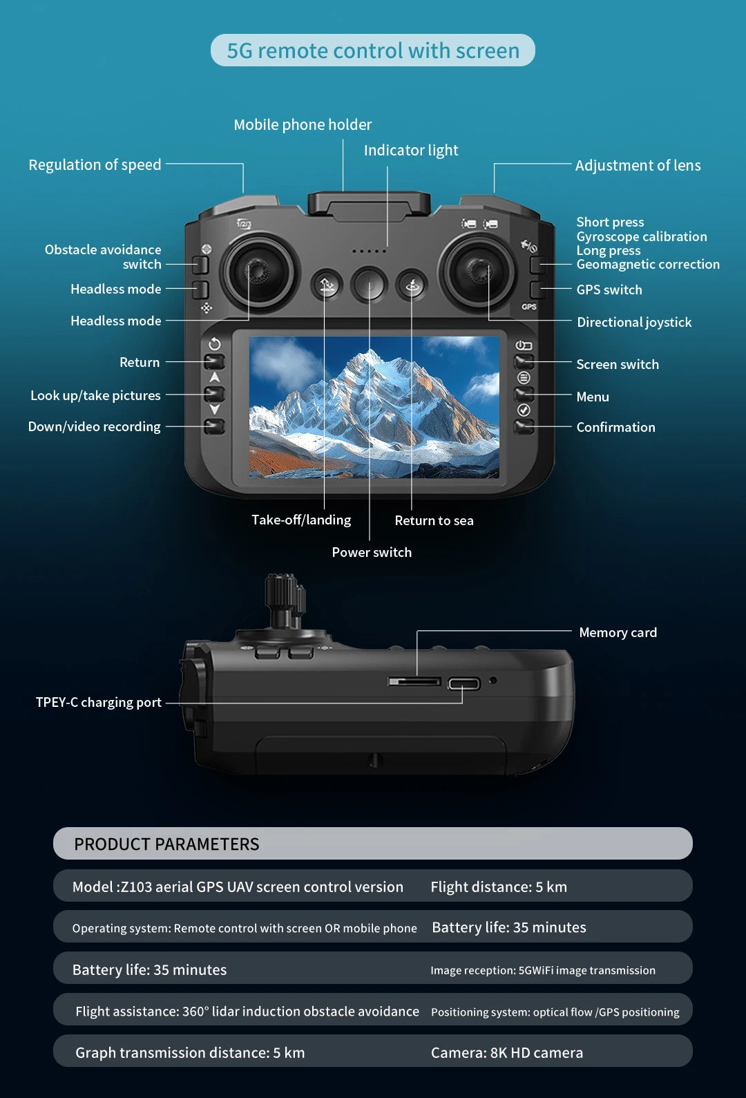 Z103 Pro MAX GPS Drone 8K Professional HD Dual Camera With Screen 5G WIFI Laser Obstacle Avoidance Brushless Rc Quadcopter Drone