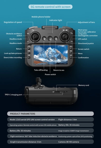 Z103 Pro MAX GPS Drone 8K Professional HD Dual Camera With Screen 5G WIFI Laser Obstacle Avoidance Brushless Rc Quadcopter Drone