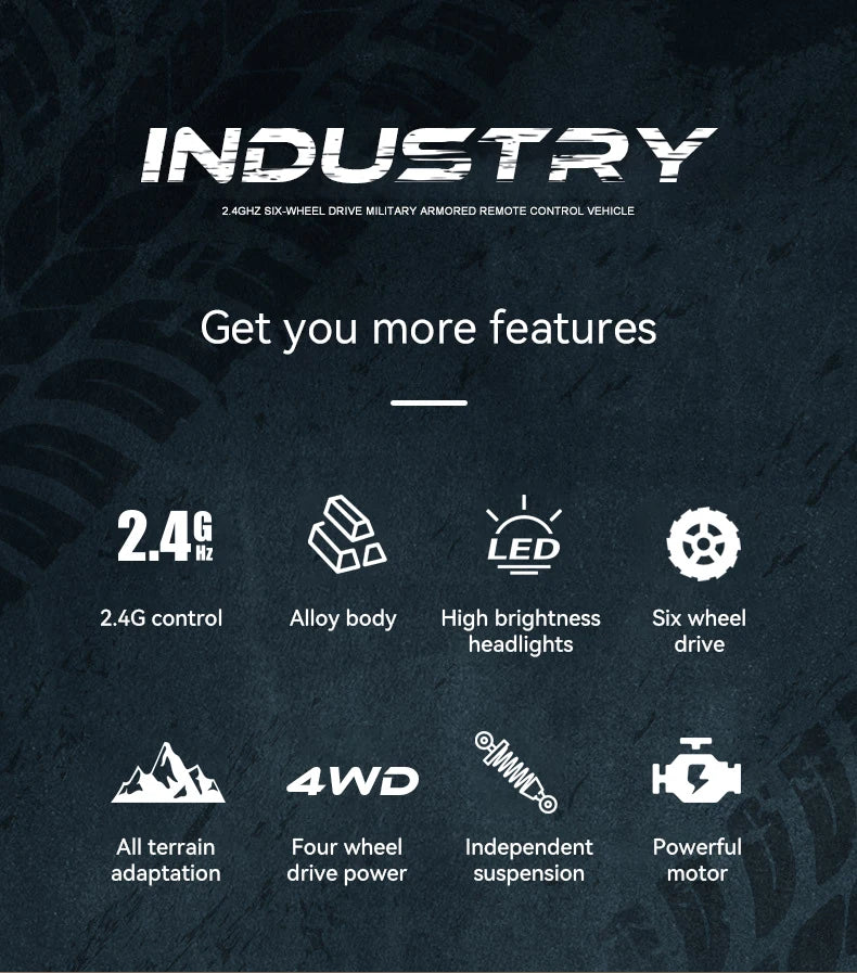 1/16 2.4G Aluminum Alloy RC Truck Six Wheel Military Edition with LED Lights Outdoor Remote Control Cars Toys Gift for Children