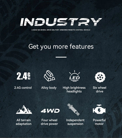 1/16 2.4G Aluminum Alloy RC Truck Six Wheel Military Edition with LED Lights Outdoor Remote Control Cars Toys Gift for Children