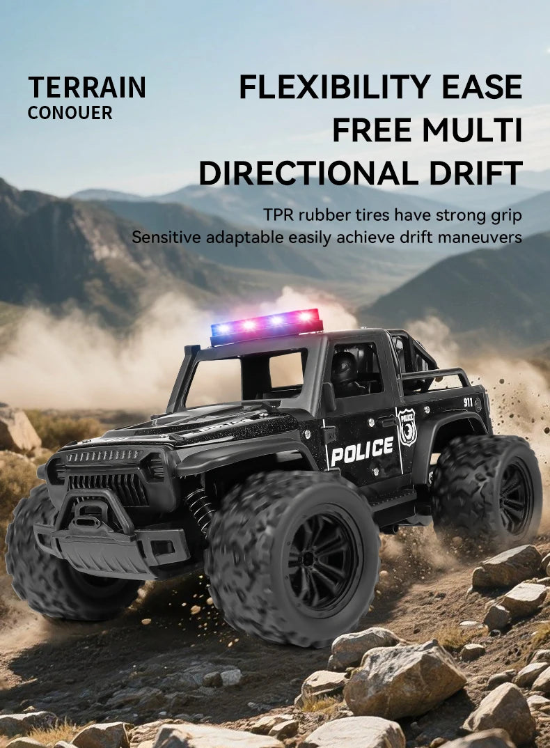 Remote-controlled off-road police car, cool police lights, simulated siren sounds, 1:16 scale alloy body,Spring shock absorption
